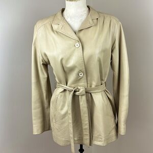 Leather coat jacket Vintage 1980’s Made in Turkey - belted - tan Size 10-12 Med